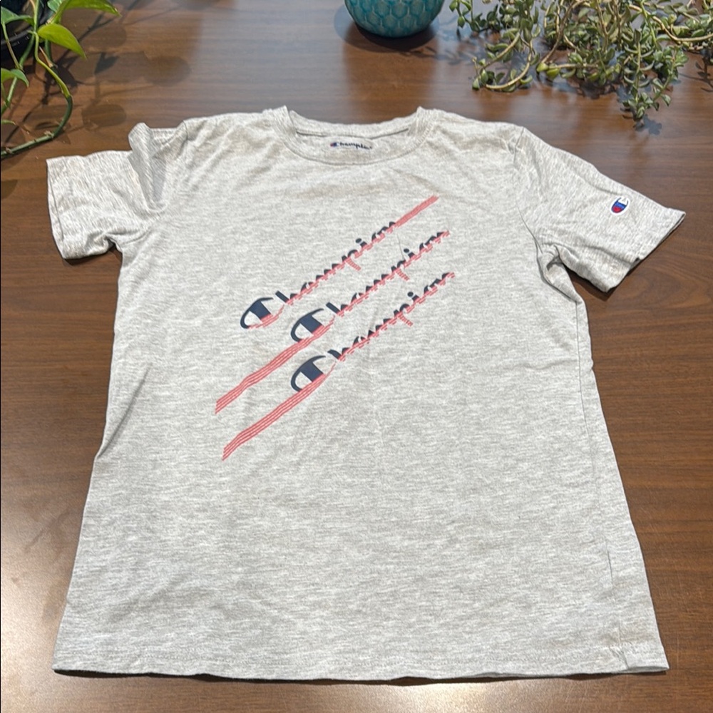 Champion Heather Gray Tee with Red and Blue Logo